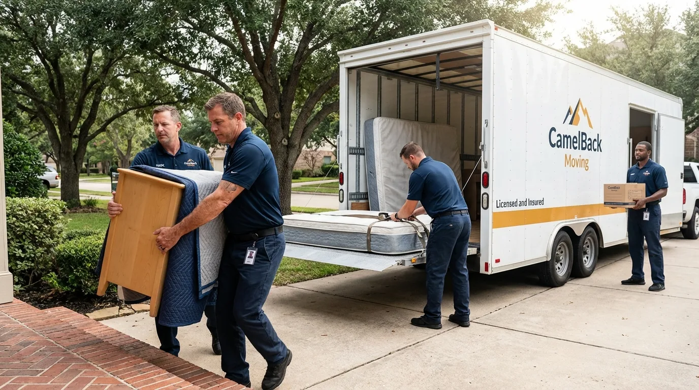 Crew loading residential truck for cross-state move from Arcadia, CA