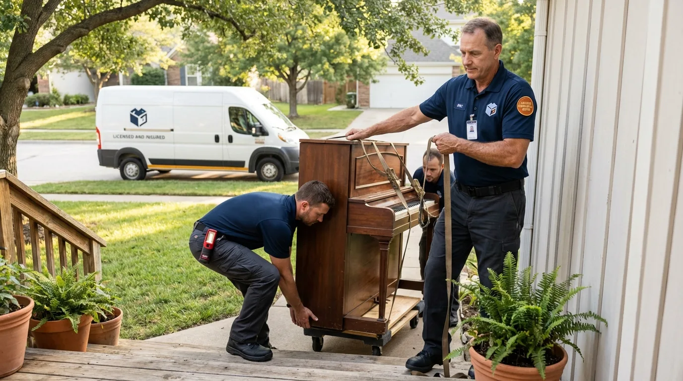 Licensed piano movers securing grand piano in Arcadia, CA