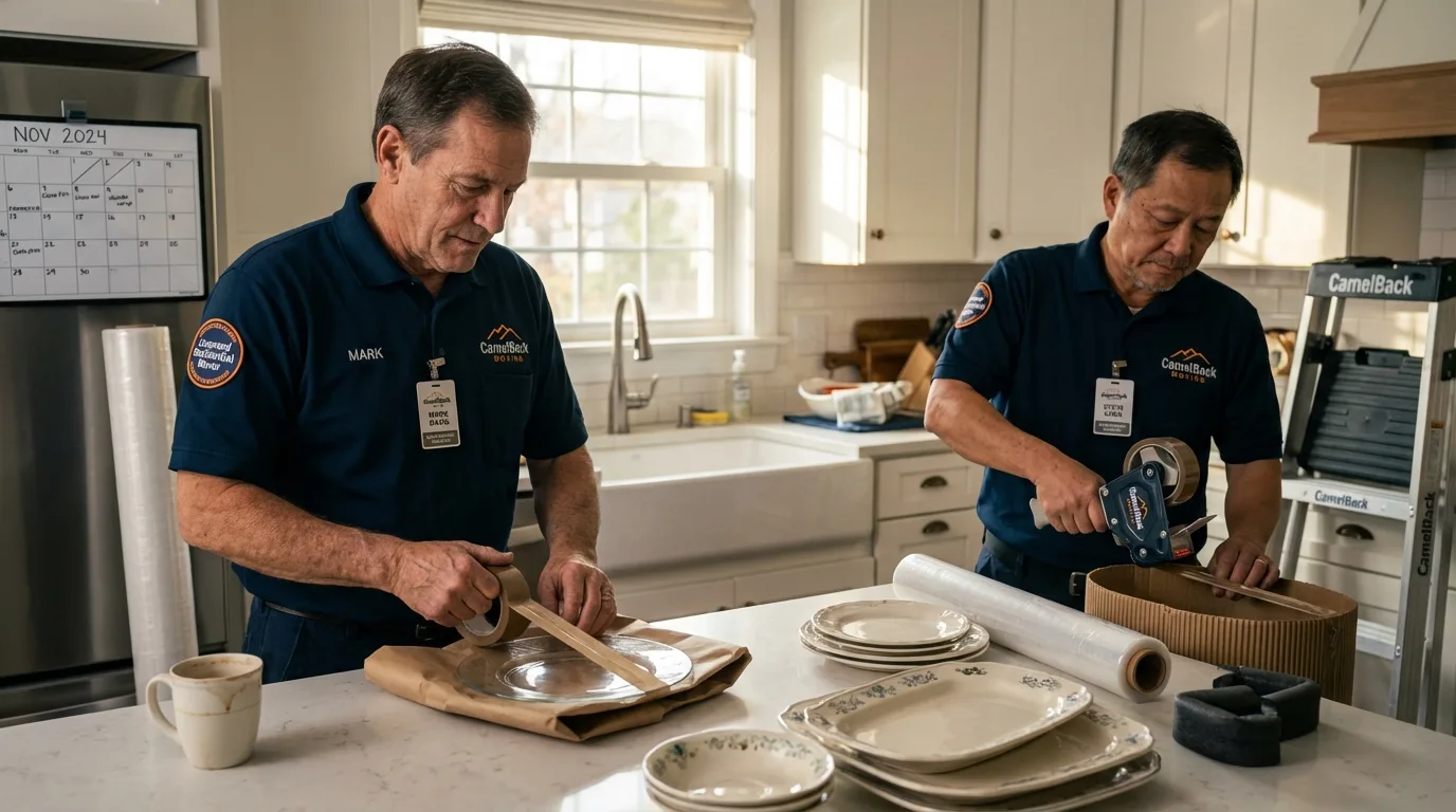 Professional crew packing kitchen dishware in Arcadia, CA